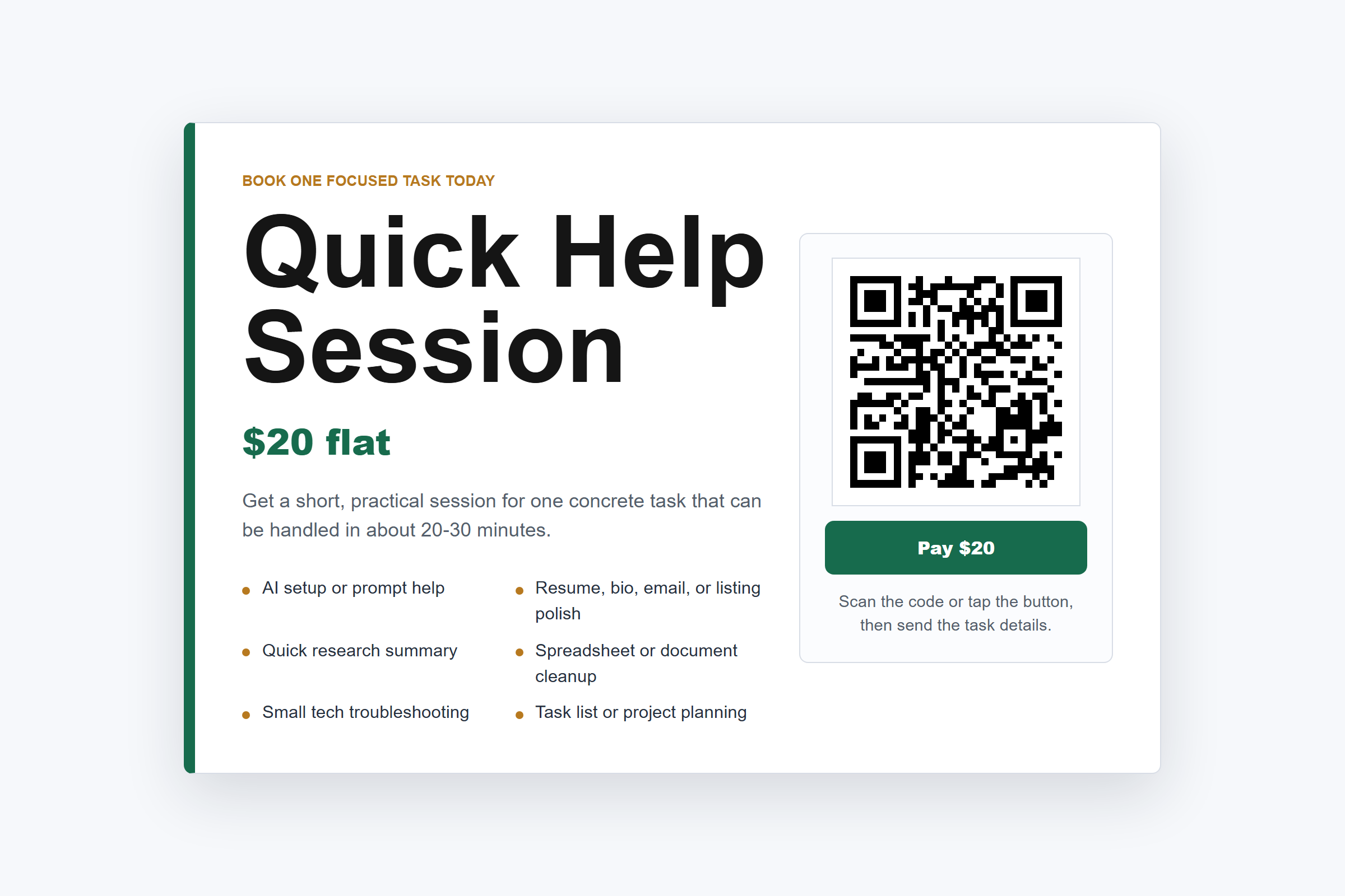 $20 Quick Help Session flyer with QR payment code